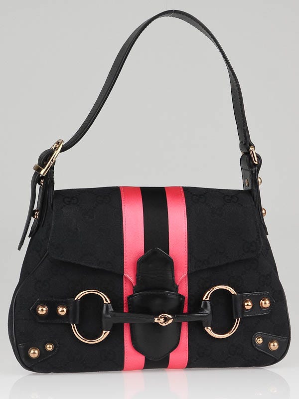Gucci Black GG Canvas Pink Horsebit Shoulder Bag