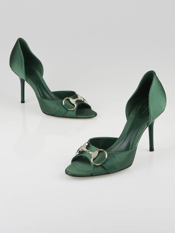 Gucci Emerald Green Satin Crystal Horsebit  Peep Toe Pumps Size 7/37.5