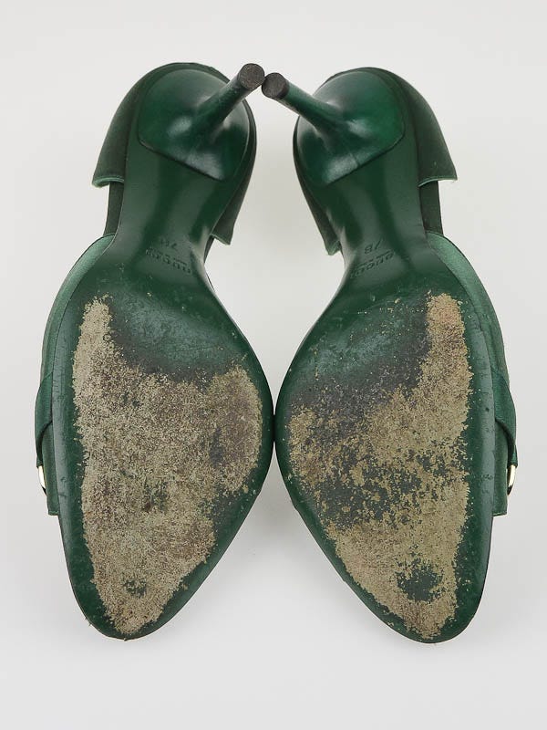 Gucci Emerald Green Satin Crystal Horsebit Peep Toe Pumps Gucci Emerald Green Satin Crystal Horsebit Peep Toe Pumps