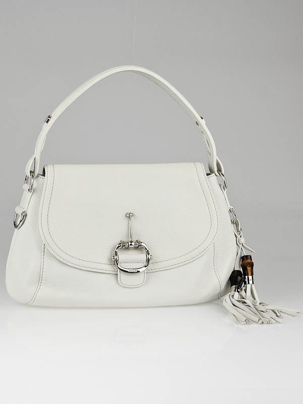 Gucci White Leather Techno Horsebit Medium Shoulder Bag