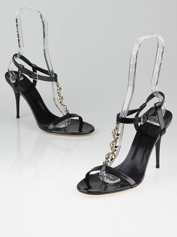 Gucci Black Metallic Patent Leather T Strap Sandals Size 8.5 39