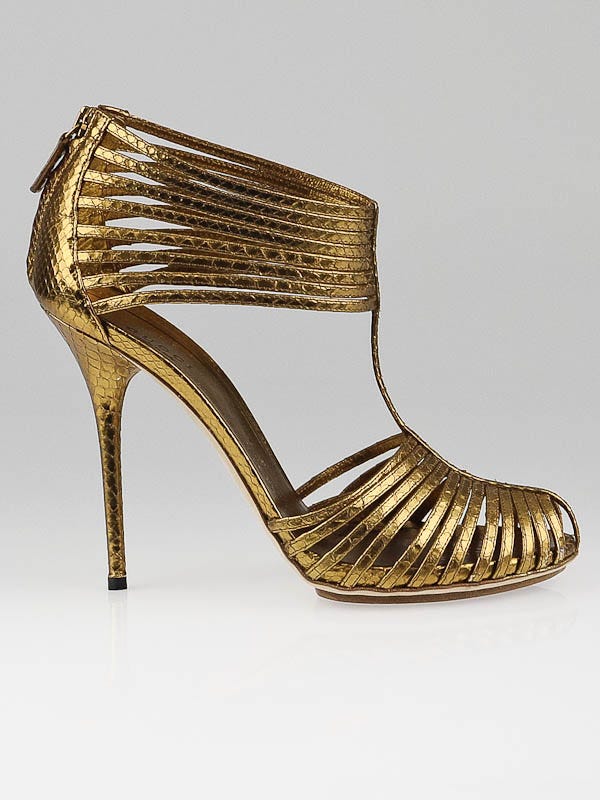 Gucci Gold Laminated Python 'Inga' T-Strap Sandals Size 8.5/39