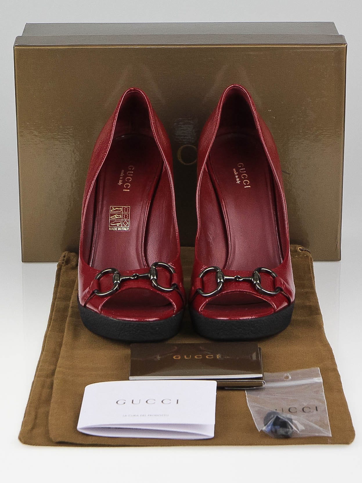 Gucci Light Cherry Patent Leather Horsebit Peep Toe Pumps