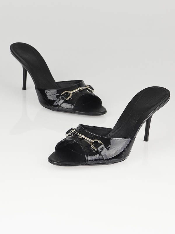 Gucci Black Patent GG Embossed Horsebit Open-Toe Sandals Size 7.5/38