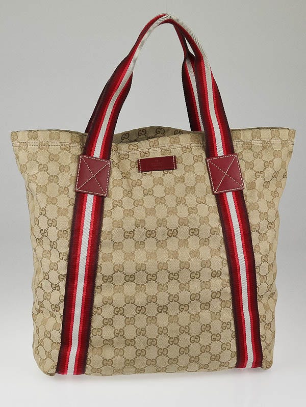 Gucci Beige GG Canvas Red Stripe Tote Bag