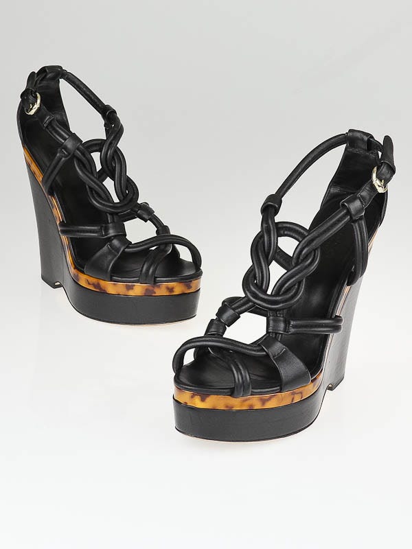 Gucci Black Leather Kotao Tortoise Wedge Sandals Size 10.5/41