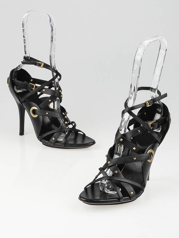 Gucci Black Leather Studded Ankle-Strap Sandals Size 6B/36.5
