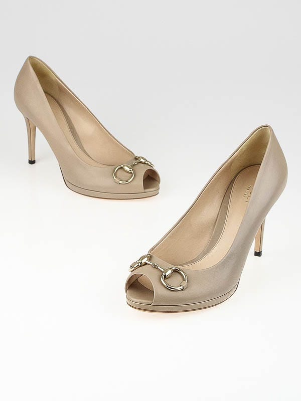 Gucci Taupe Beige Leather New Hollywood Mid-Heel Horsebit Pumps Size 8/38.5