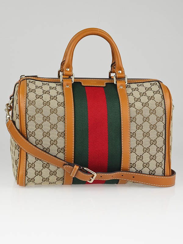 Gucci Beige GG Canvas Vintage Web Medium Boston Bag w/ Shoulder Strap