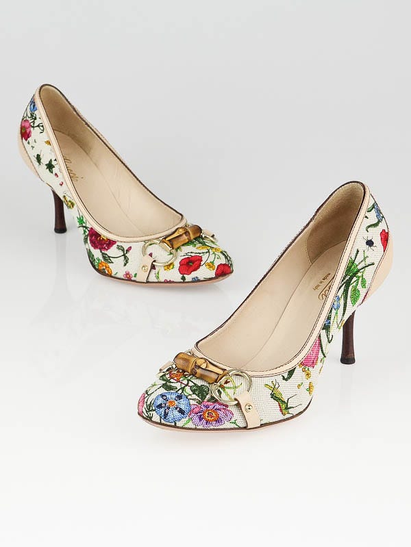 Gucci White Multicolor Floral Canvas Horsebit Pumps Size 7B/37.5