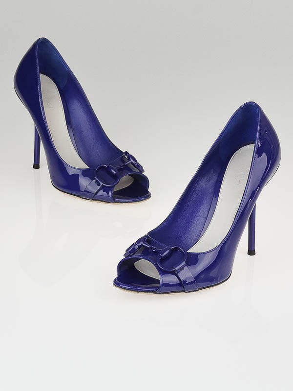 Gucci Blue Patent Leather Hollywood Peep Toe Horsebit Pumps Size 7B/37.5