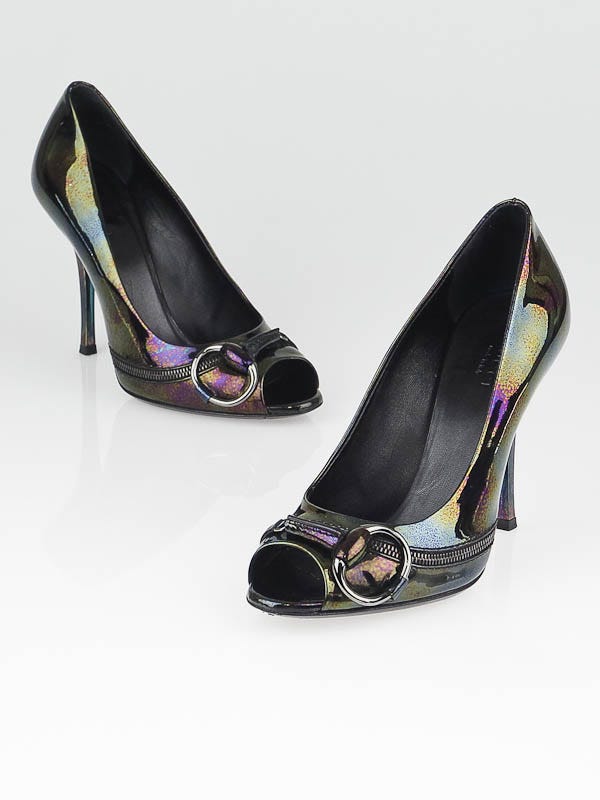 Gucci Multicolor Metallic Patent Leather Icon Bit Zipper Peep Toe Pumps Size 6/36.5