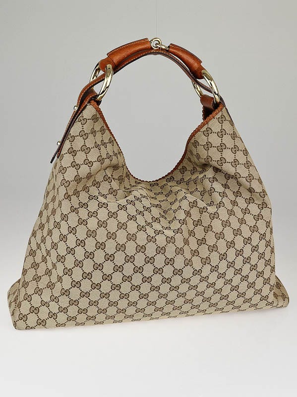 Gucci Beige/Brown Canvas Chain Horsebit Large Hobo Bag