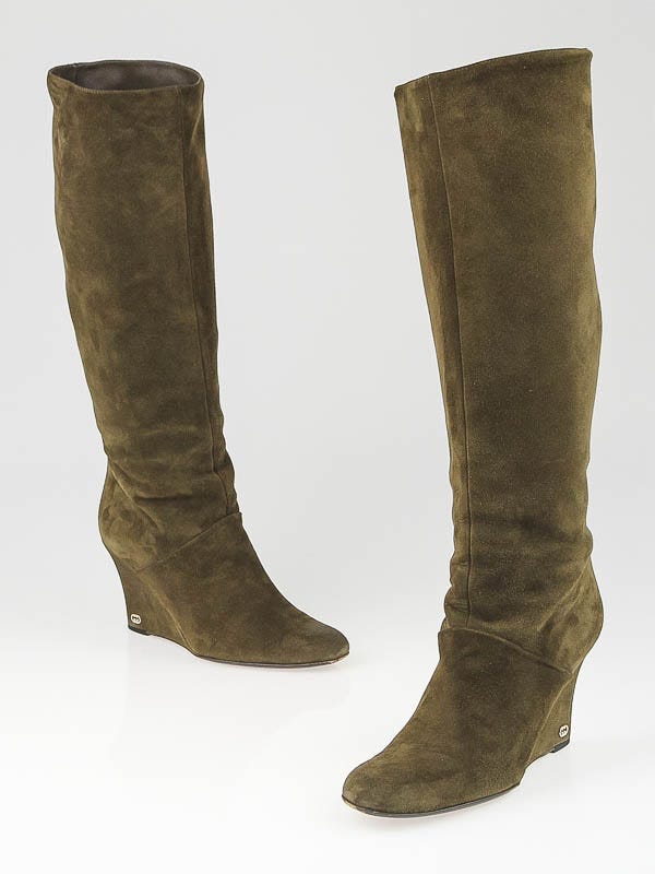 Gucci Coffee Suede Knee High Wedge Boots Size 8B 38.5 Yoogi s Closet