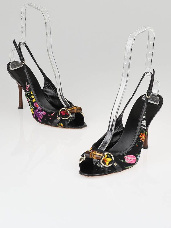 Gucci Black Floral Canvas Horsebit Open-Toe Slingback Heels Size 9.5B/40