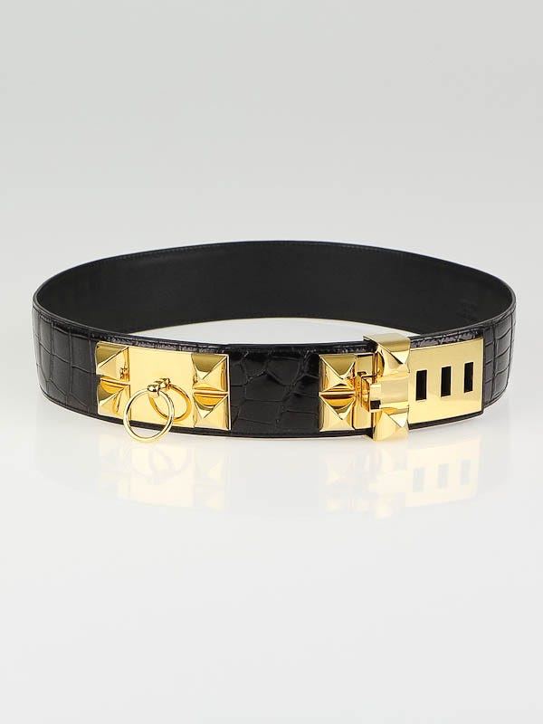 Hermes Black Shiny Crocodile Porosus Lisse Gold Plated Collier de Chien Belt Size 80