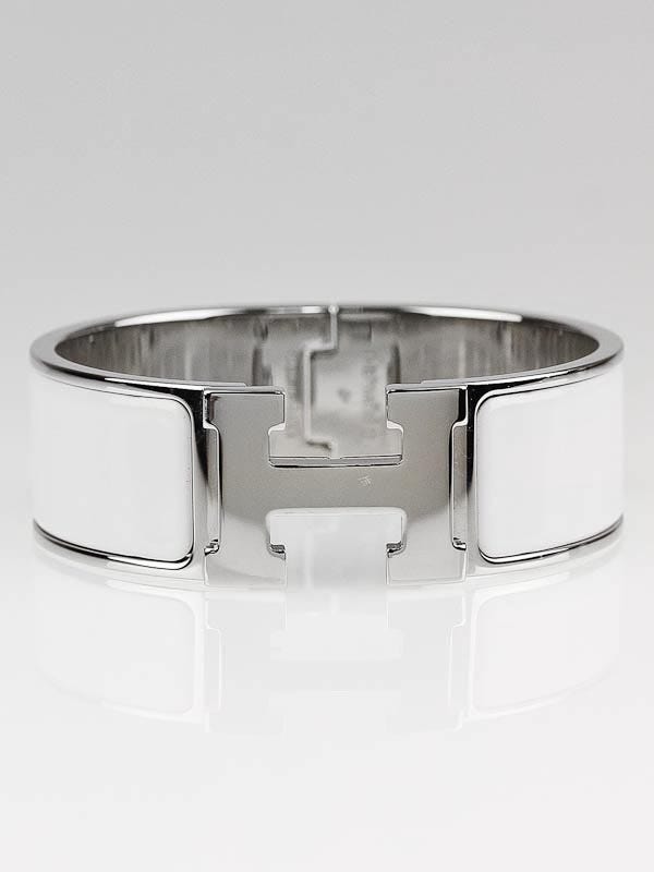 Hermes White Enamel Palladium Plated Clic-Clac H PM Wide Bracelet