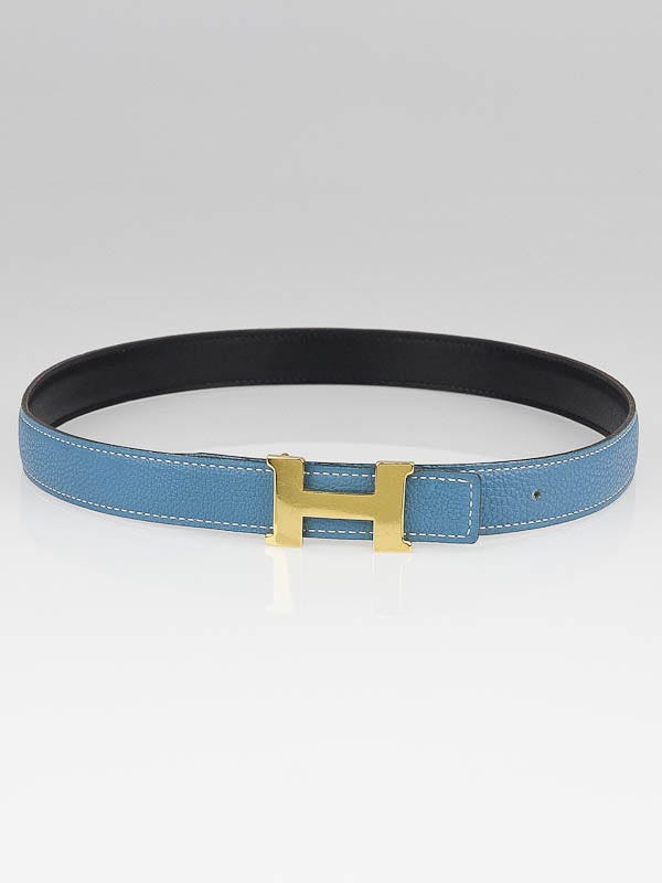 Hermes 24mm Blue Jean Togo/Black Box Leather Gold Plated Constance H Belt Size 70