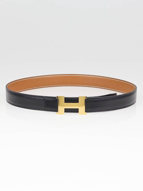 Hermes 24mm Black Box Leather/Gold Courchevel Leather Gold Plated Constance H Belt Size 70