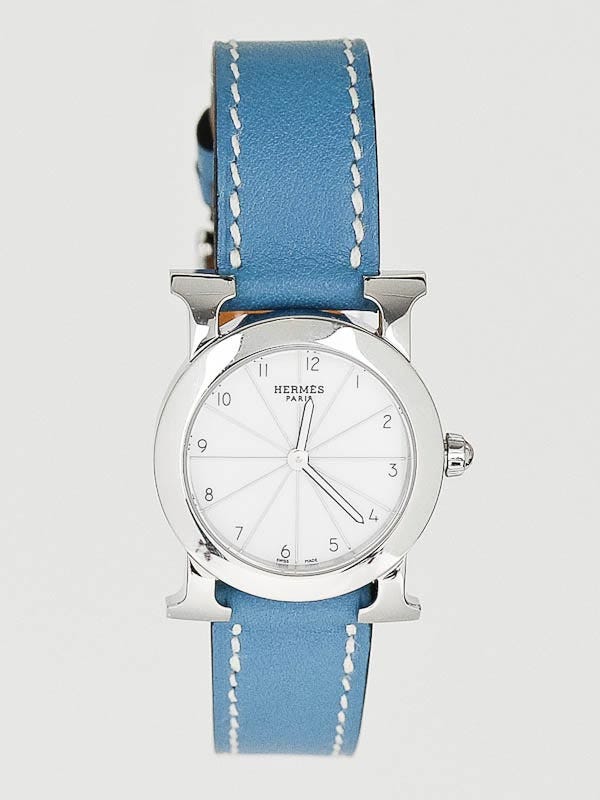 Hermes Blue Jean Leather and Stainless Steel Heure H Ronde PM Quartz Watch