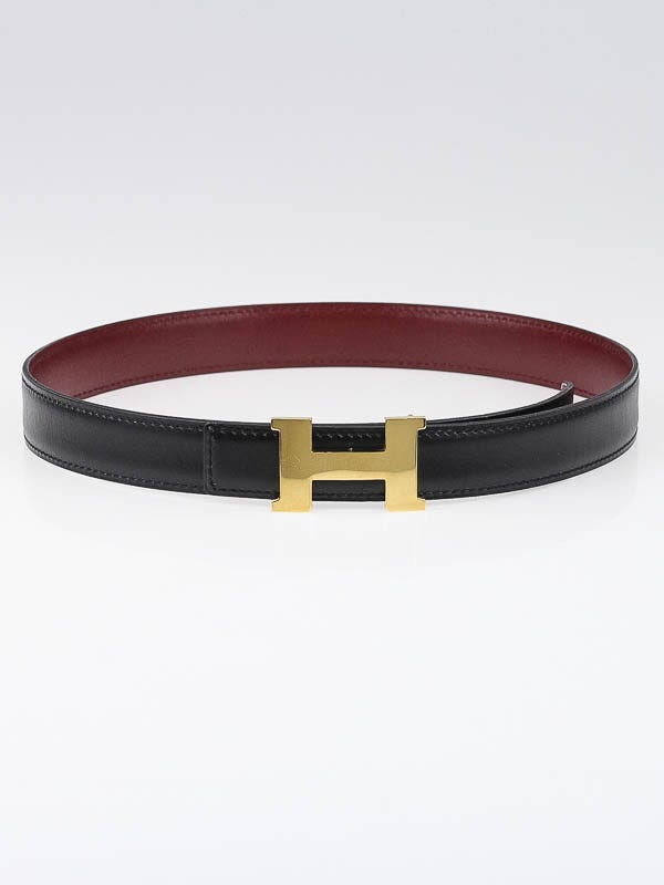 Hermes 24mm Black/Burgundy Box Leather Gold Plated Constance H Belt Size 65