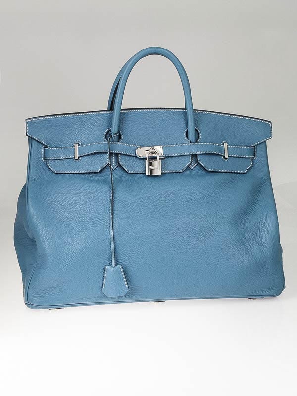Hermes 50cm Blue Jean Clemence Leather Palladium Plated Birkin Bag