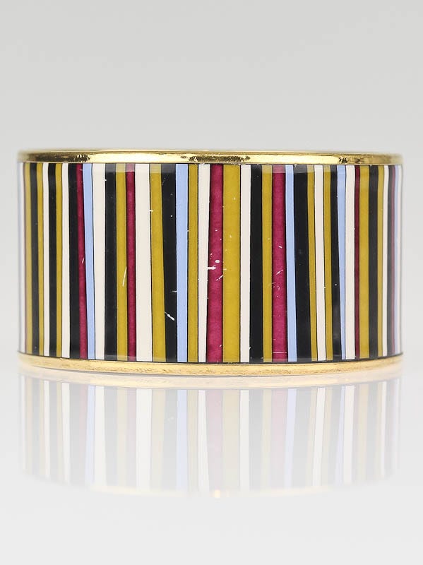 Hermes Multicolor Striped Printed Enamel Extra Wide Bangle Bracelet Size 65