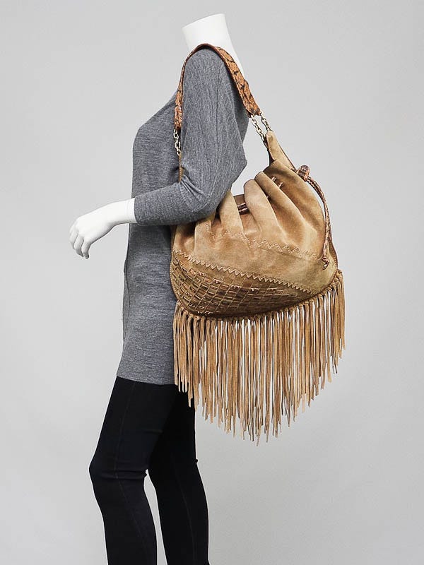 Jimmy Choo Camel Suede and Snakeskin Trim Tatum Fringe Hobo