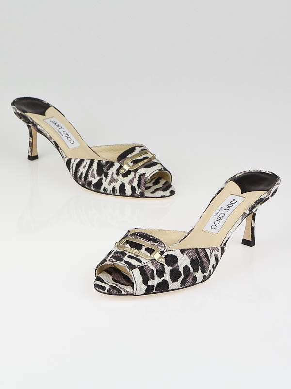 Jimmy Choo Leopard Printed Canvas Ink Slide Sandals Size 8.5/39