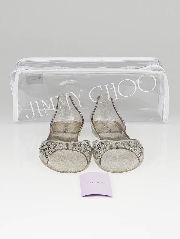 Jimmy Choo Gold Glitter Clear Rubber Studded Jelly Sandals