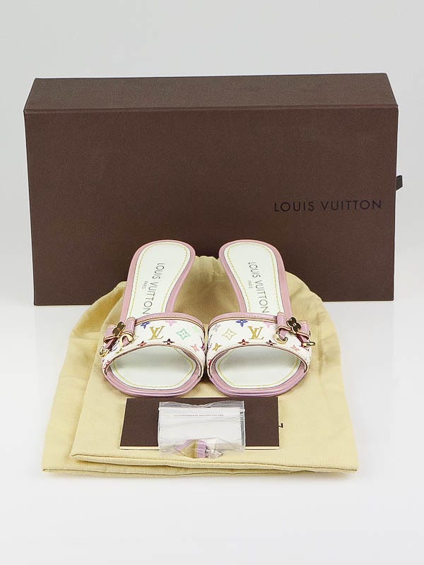 Louis Vuitton White Multicolore Monogram Canvas Kitten Heel Slides