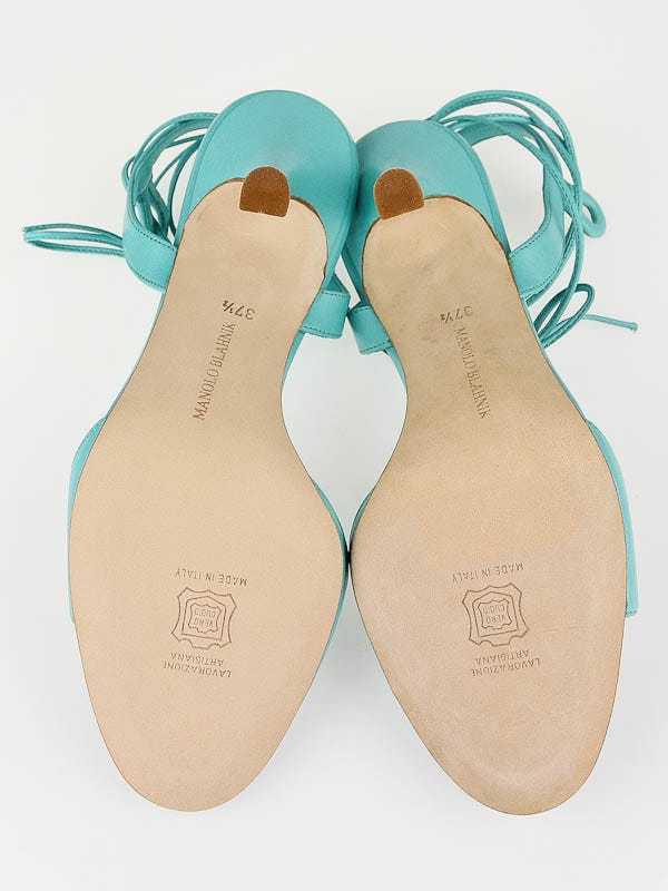 Manolo Blahnik Turquoise Leather Ankle Wrap Sandals Size 7