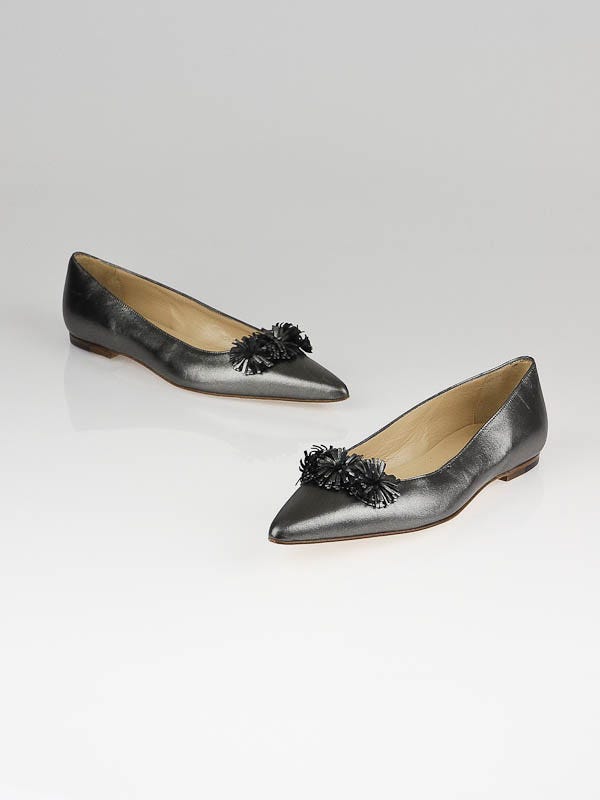 Manolo Blahnik Anthracite Leather Gisha Three-Flower Ballet Flats Size 6.5/37
