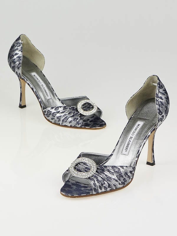 Manolo Blahnik Silver/Black Crepe de Chine Sedarby D'Orsay Peep-Toe Pumps 8/38.5