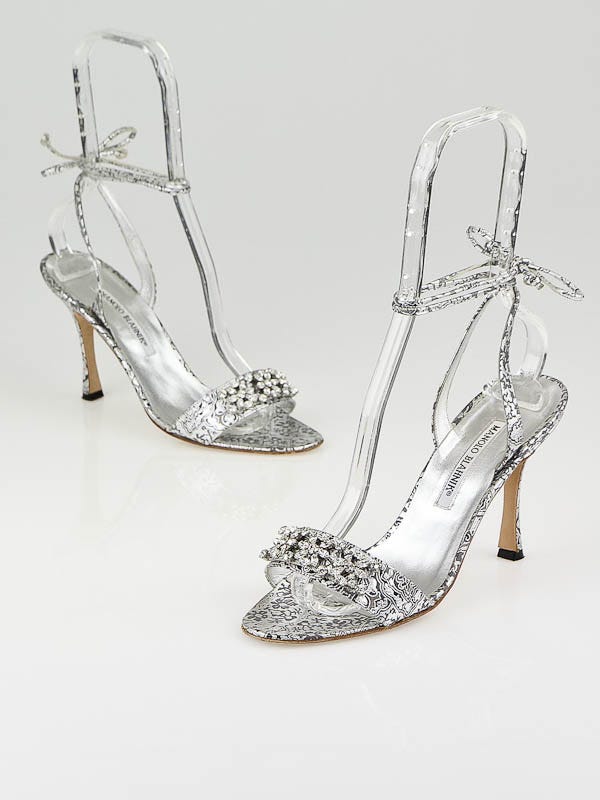 Manolo Blahnik Silver Leather Crystal Ankle Wrap Heels Size 7.5/38