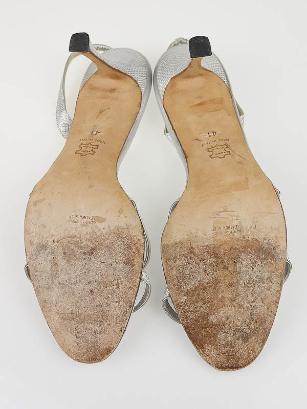 Manolo Blahnik Silver Embossed Leather Slingback Sandals