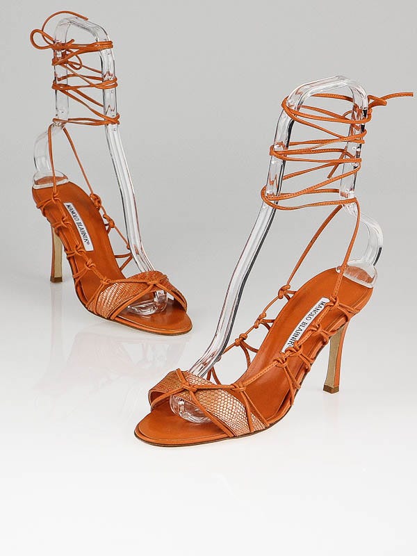 Manolo Blahnik Orange Leather Ankle Wrap Sandals Size 8/38.5