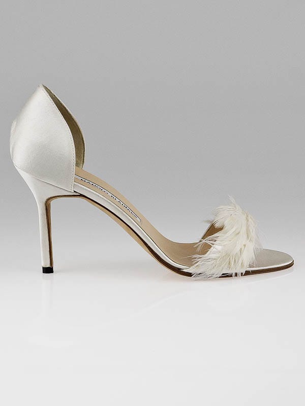 Manolo Blahnik White Satin and Feather D'Orsay Sandals Size