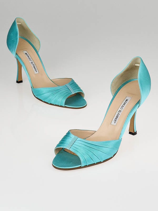 Manolo Blahnik Turquoise Satin Sedaraby D'Orsay Peep Toe Pumps Size 8/38.5