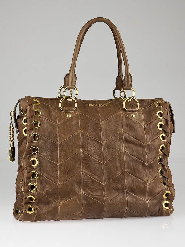 Miu Miu Tan Chevron Leather Grommet Tote Bag | Yoogi's Closet