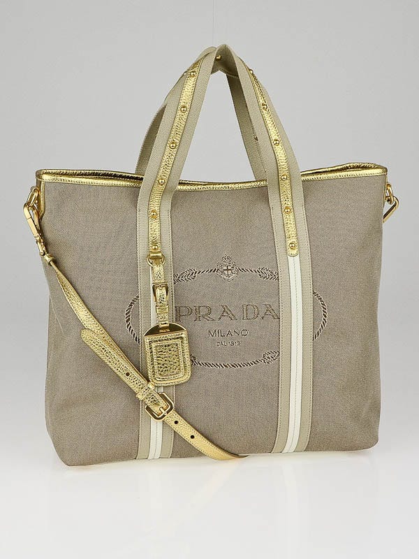 Prada Gold/Beige Canvas Logo Jacquard Shopping Bag BN1452