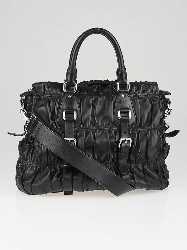 Prada Black Ruched Lambskin Nappa Gauffre Tote Bag BN1336