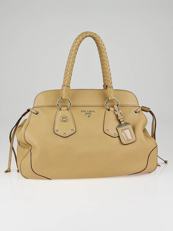 Prada Beige Vitello Daino Leather Large Frame Top Tote Bag