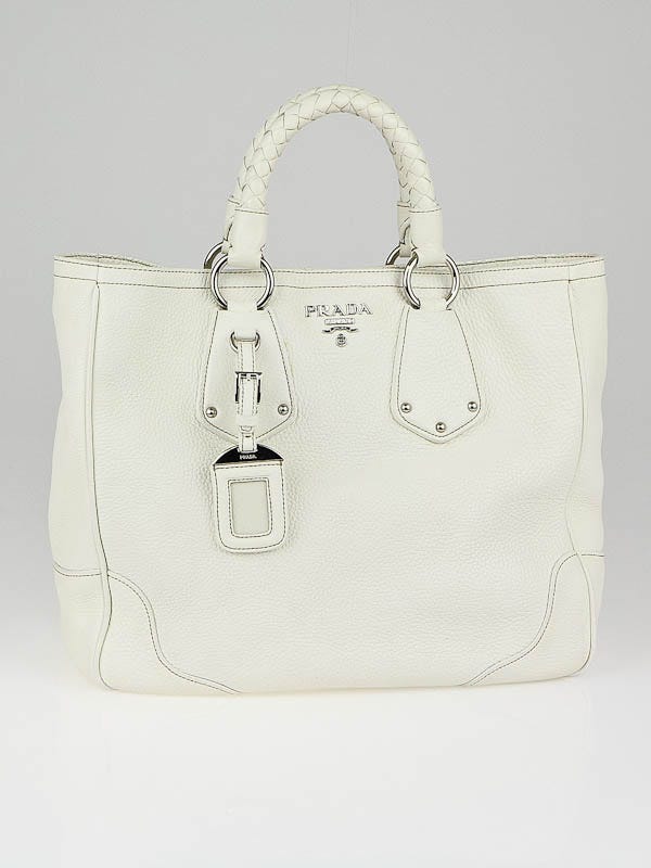 Prada White Vitello Daino Leather Medium Shopping Tote Bag BN1346