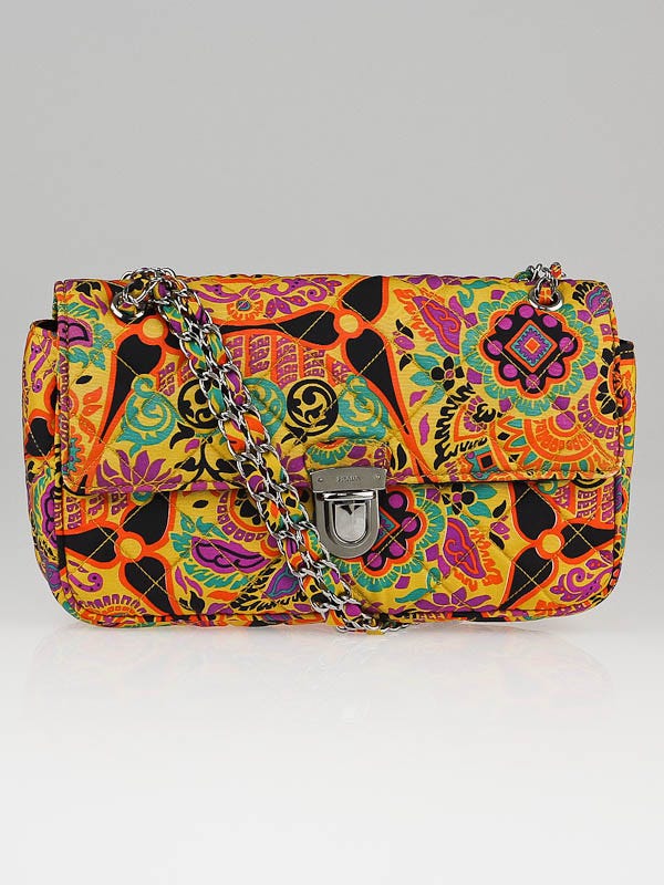 Prada Yellow Multicolor Floral Print Quilted Fabric Shoulder Bag BR4618