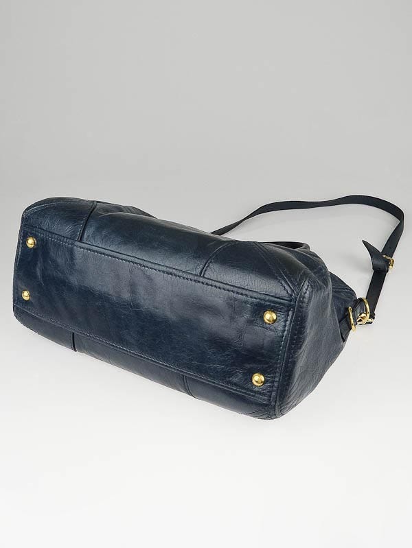 Prada Denim Blue Vitello Shine Leather East/West Bauletto