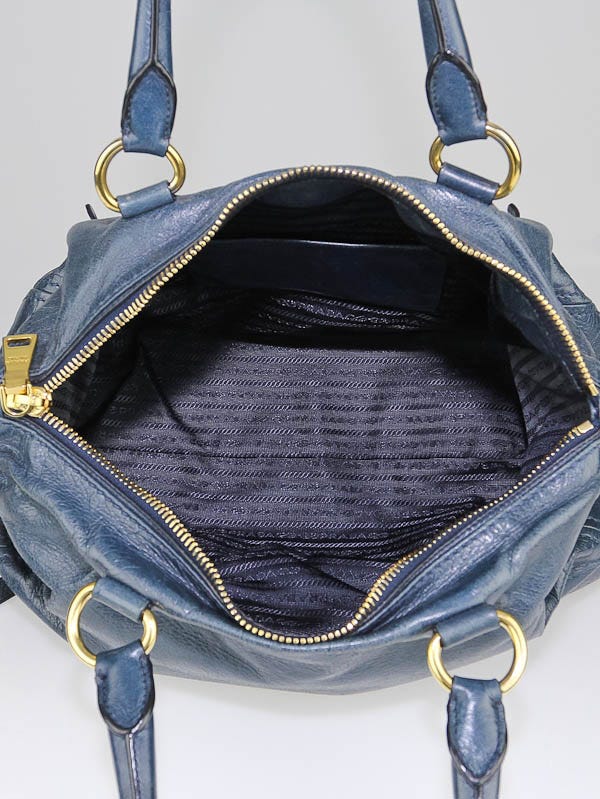 Prada Denim Blue Vitello Shine Leather East/West Bauletto