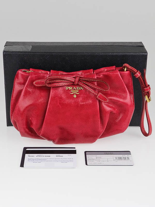 Prada Rosso Vitello Shine Leather Necessaire Wristlet Clutch Bag