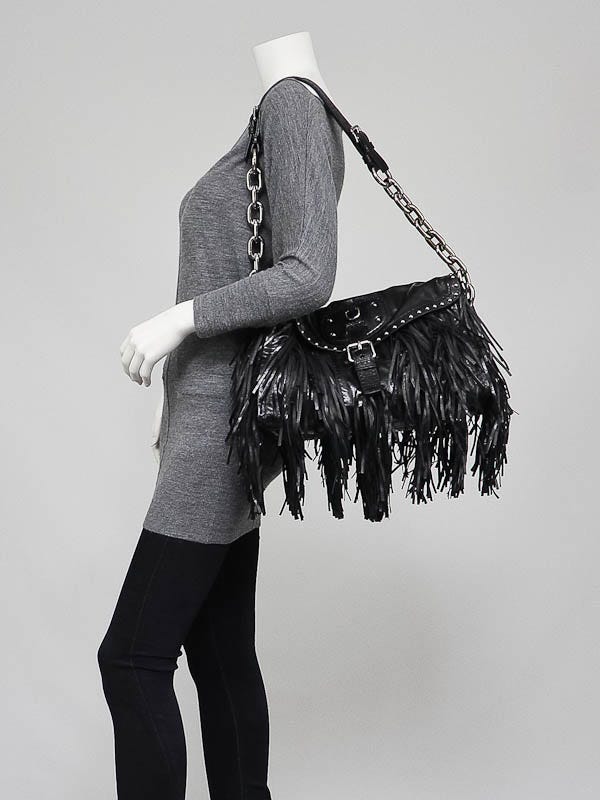Prada Black Vitello Shine Leather Fringe Studded Flap Hobo