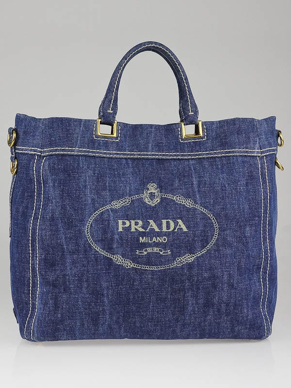Prada Blue Denim Logo Large Shopping Tote Bag - Yoogi's Closet